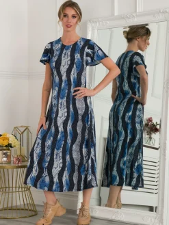 Jolie Moi Weekend Casuals|Maxi Dresses-Printed Cap Sleeve Dress, Navy Multi
