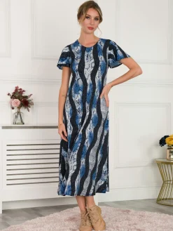 Jolie Moi Weekend Casuals|Maxi Dresses-Printed Cap Sleeve Dress, Navy Multi