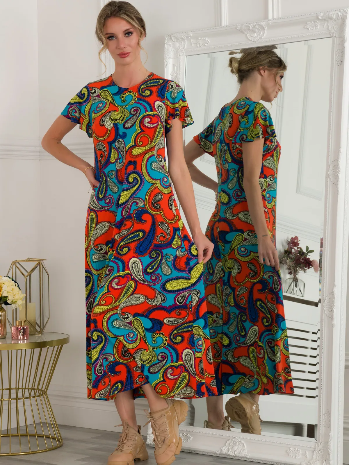 Jolie Moi Weekend Casuals|Maxi Dresses-Printed Cap Sleeve Dress, Red/Multi