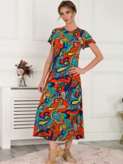 Jolie Moi Weekend Casuals|Maxi Dresses-Printed Cap Sleeve Dress, Red/Multi