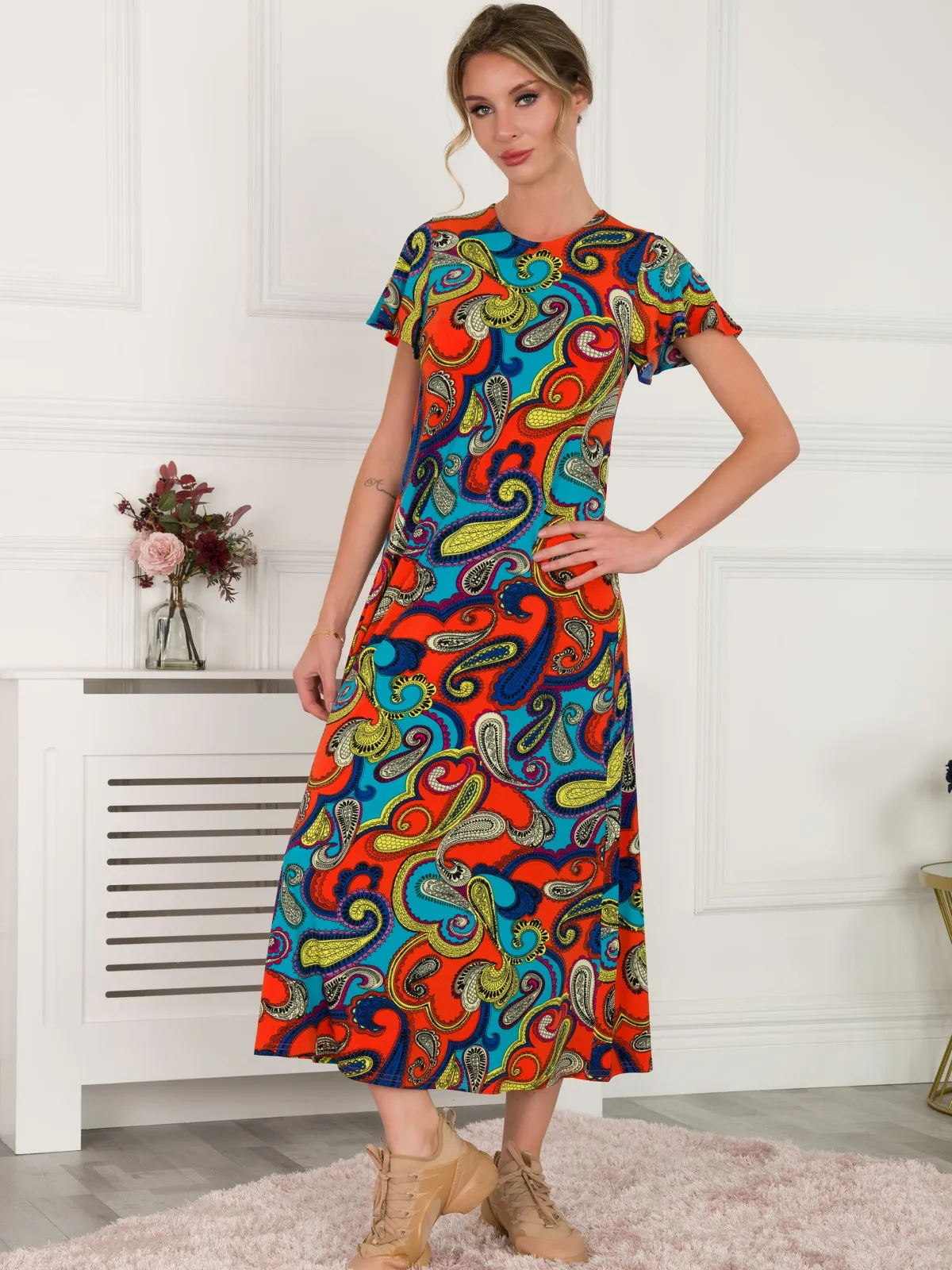 Jolie Moi Weekend Casuals|Maxi Dresses-Printed Cap Sleeve Dress, Red/Multi