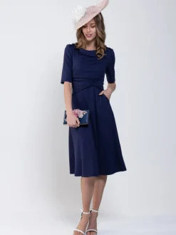 Jolie Moi Occasion Dresses|Office Wear-Roll Collar 50s Dress, Navy