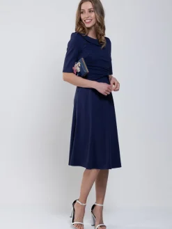 Jolie Moi Occasion Dresses|Office Wear-Roll Collar 50s Dress, Navy