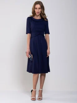 Jolie Moi Occasion Dresses|Office Wear-Roll Collar 50s Dress, Navy