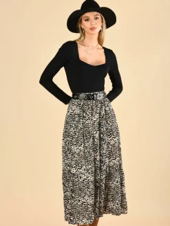 Jolie Moi Skirts-Sara Animal Print Midi Skirt, Cream Animal