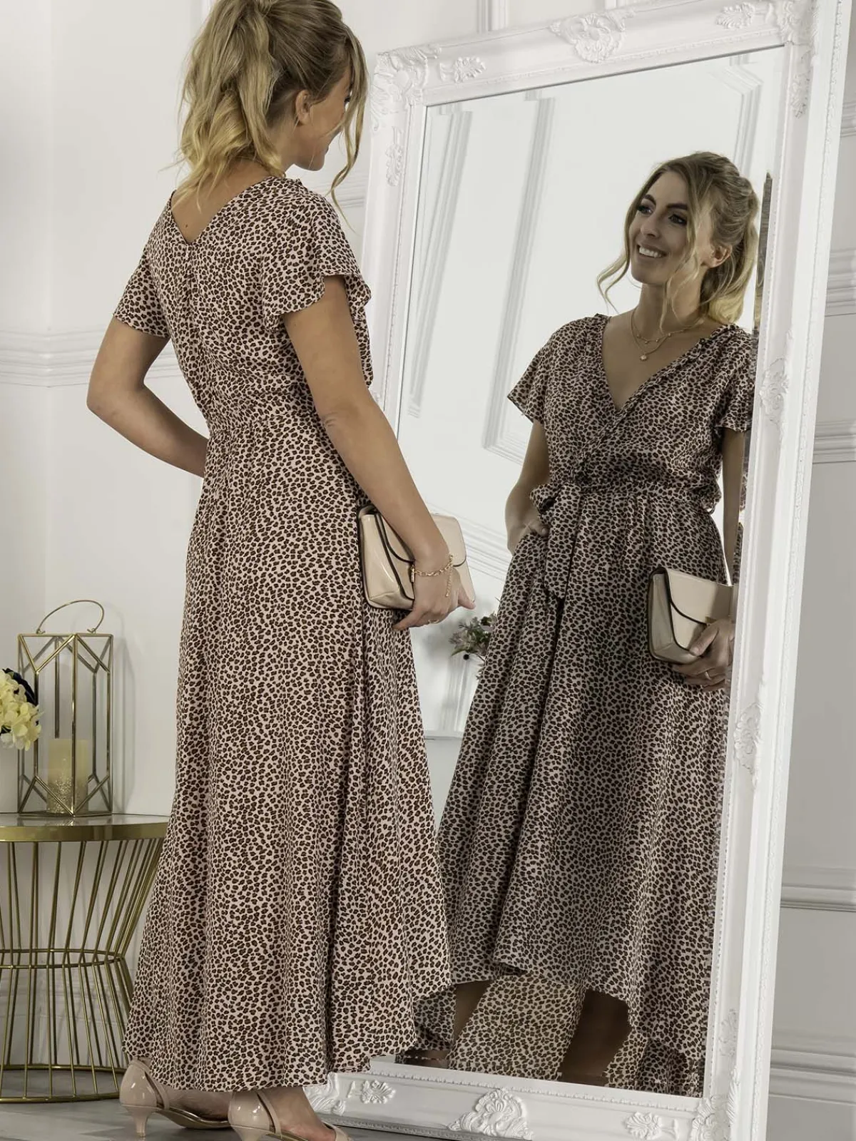 Jolie Moi Occasion Dresses|Weekend Casuals-Selina Wrap Dip Hem Dress, Pink Animal