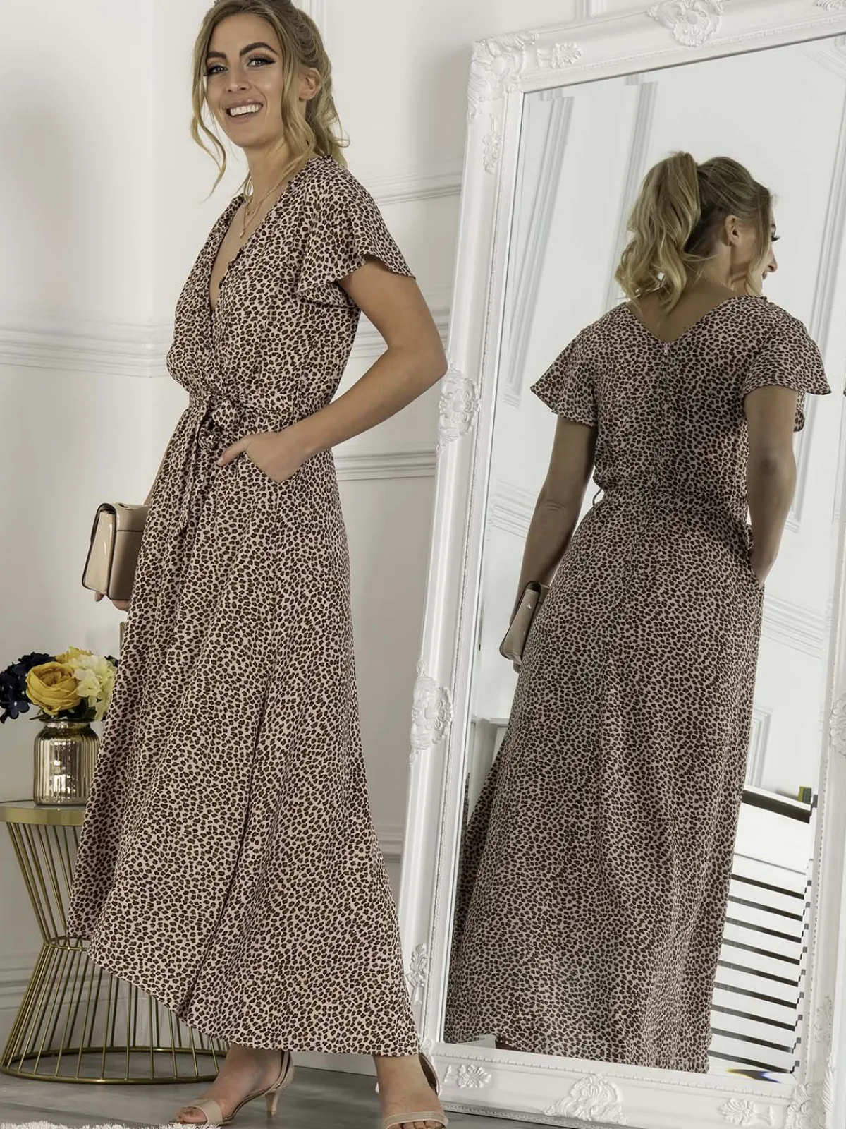 Jolie Moi Occasion Dresses|Weekend Casuals-Selina Wrap Dip Hem Dress, Pink Animal