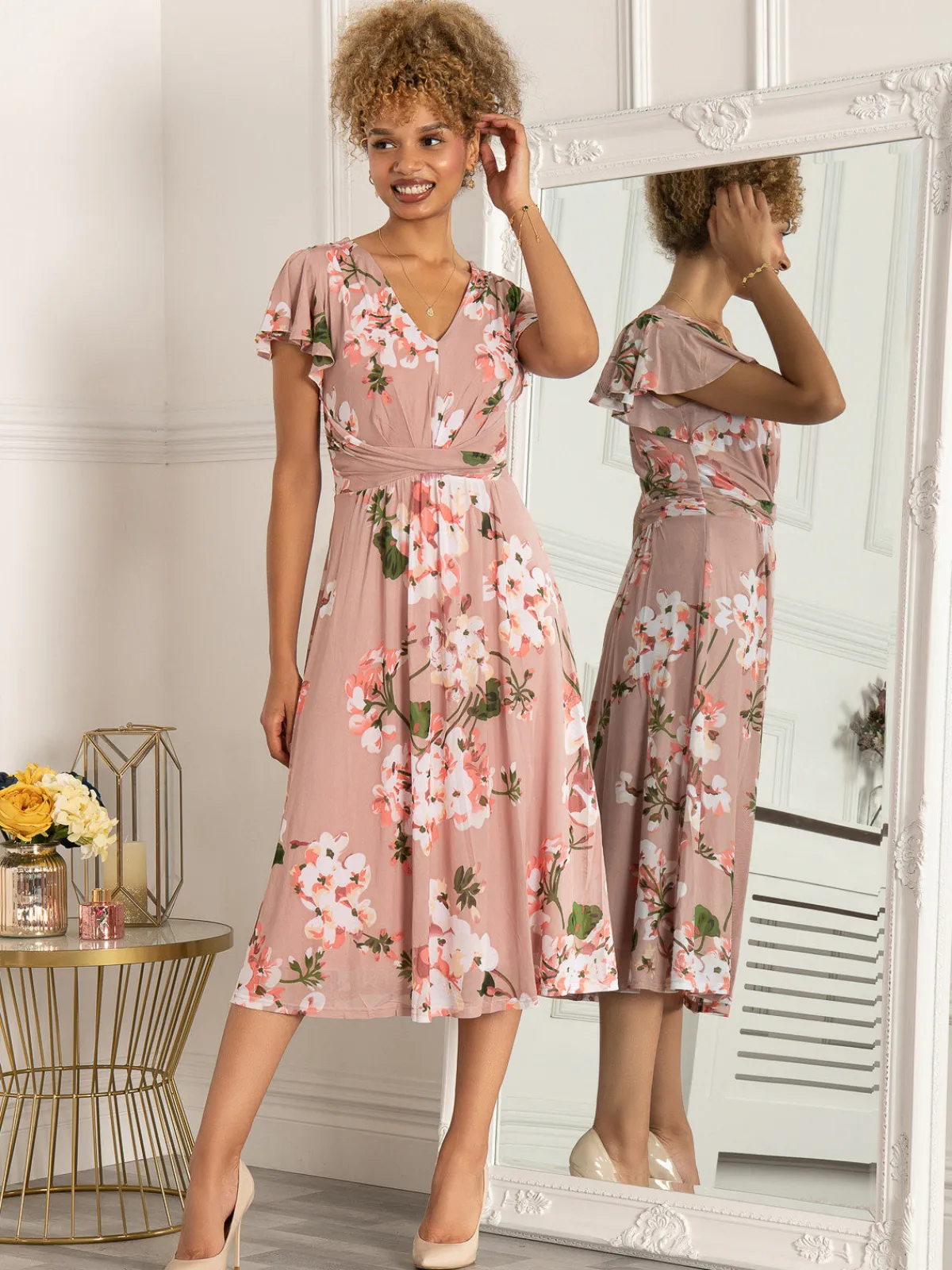 Jolie Moi Occasion Dresses|Mesh Dresses-Shirley Mesh Midi Dress, Dusty Pink