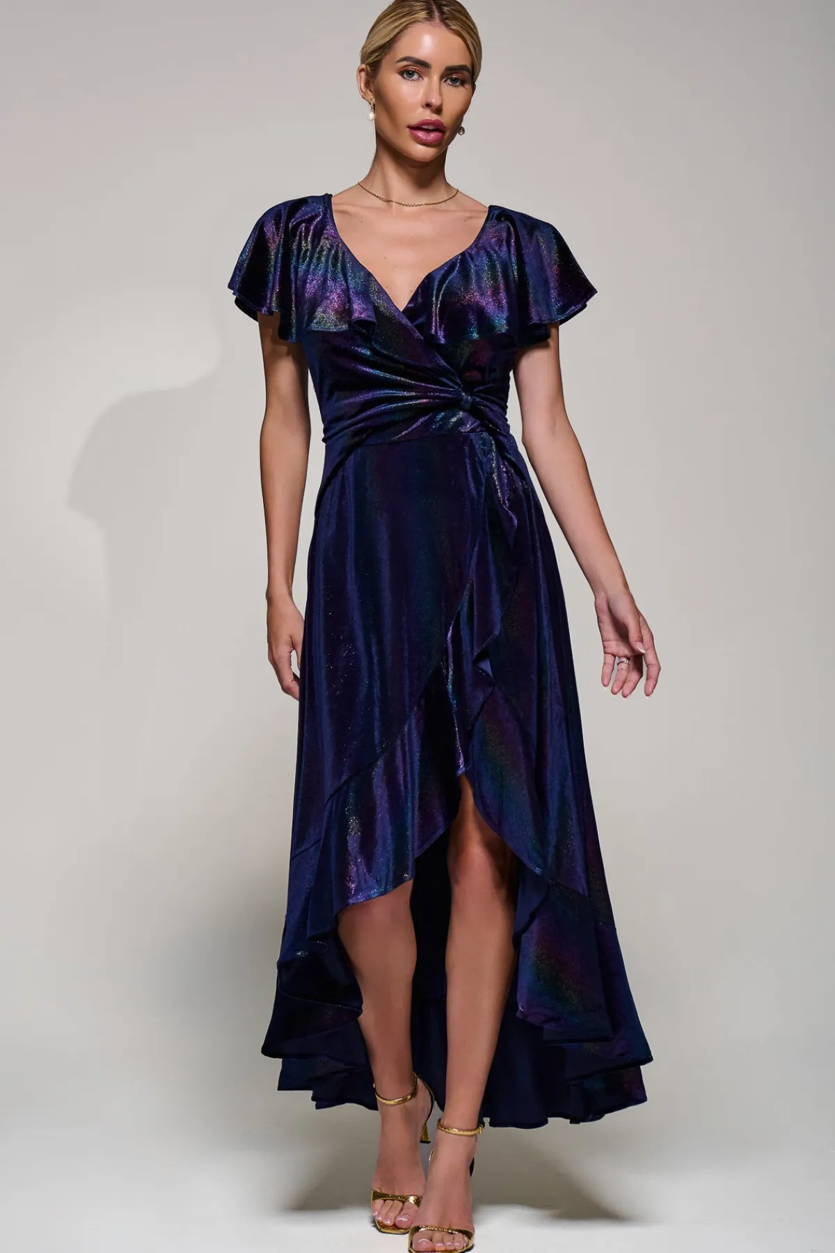 Jolie Moi Occasion Dresses|Velvet Dresses-Stripe Print Asymmetric Ruffle Velvet Dress, Navy/Multi