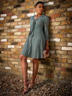 Jolie Moi Occasion Dresses|Jersey Dresses-Tie Front Sleeved Dress, Green/Multi