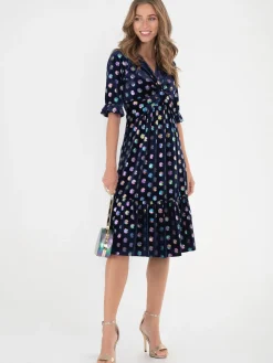 Jolie Moi Occasion Dresses|Velvet Dresses-Twist Front Metallic Spot Print Velvet Dress, Navy/Multi