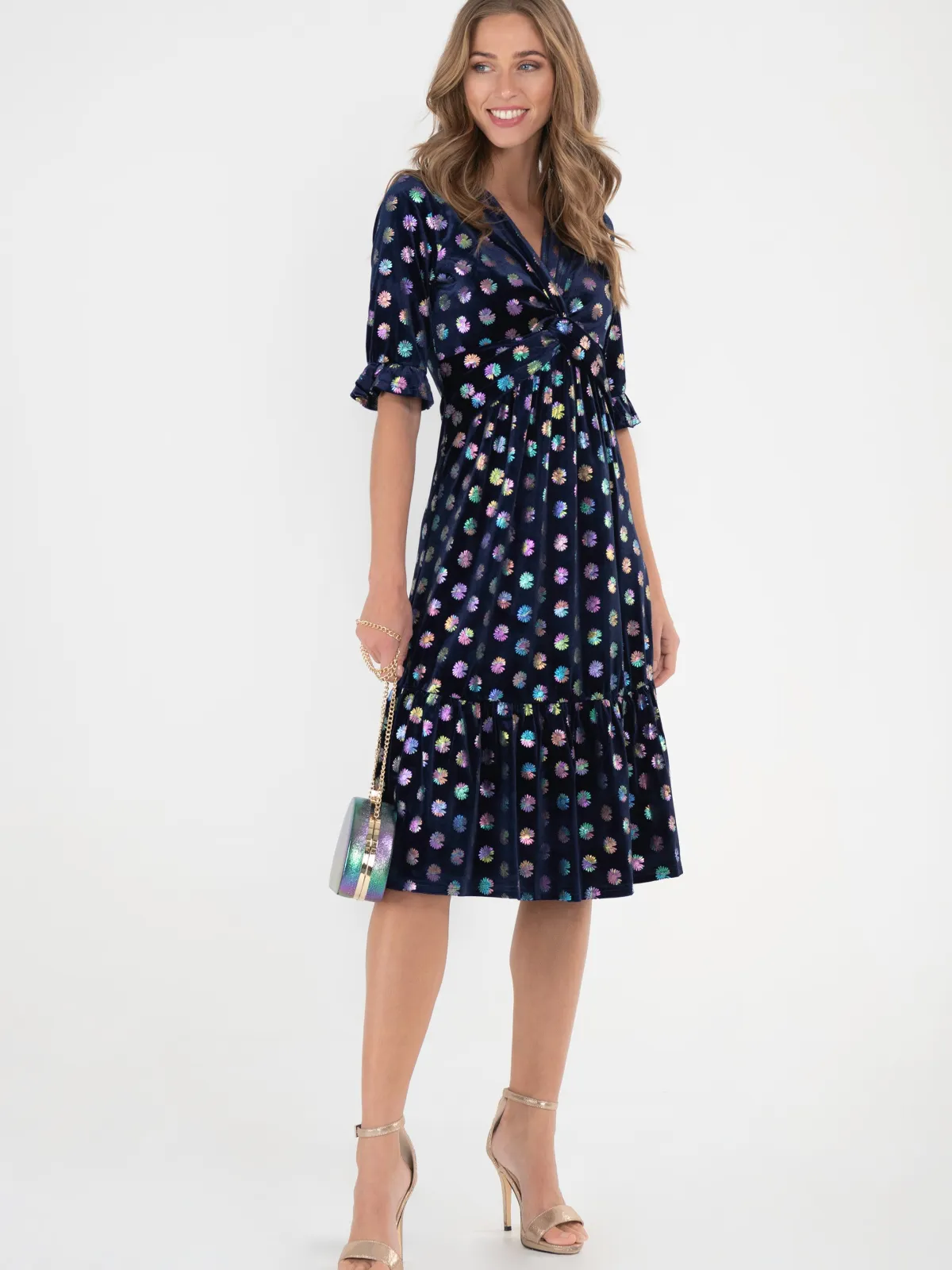 Jolie Moi Occasion Dresses|Velvet Dresses-Twist Front Metallic Spot Print Velvet Dress, Navy/Multi