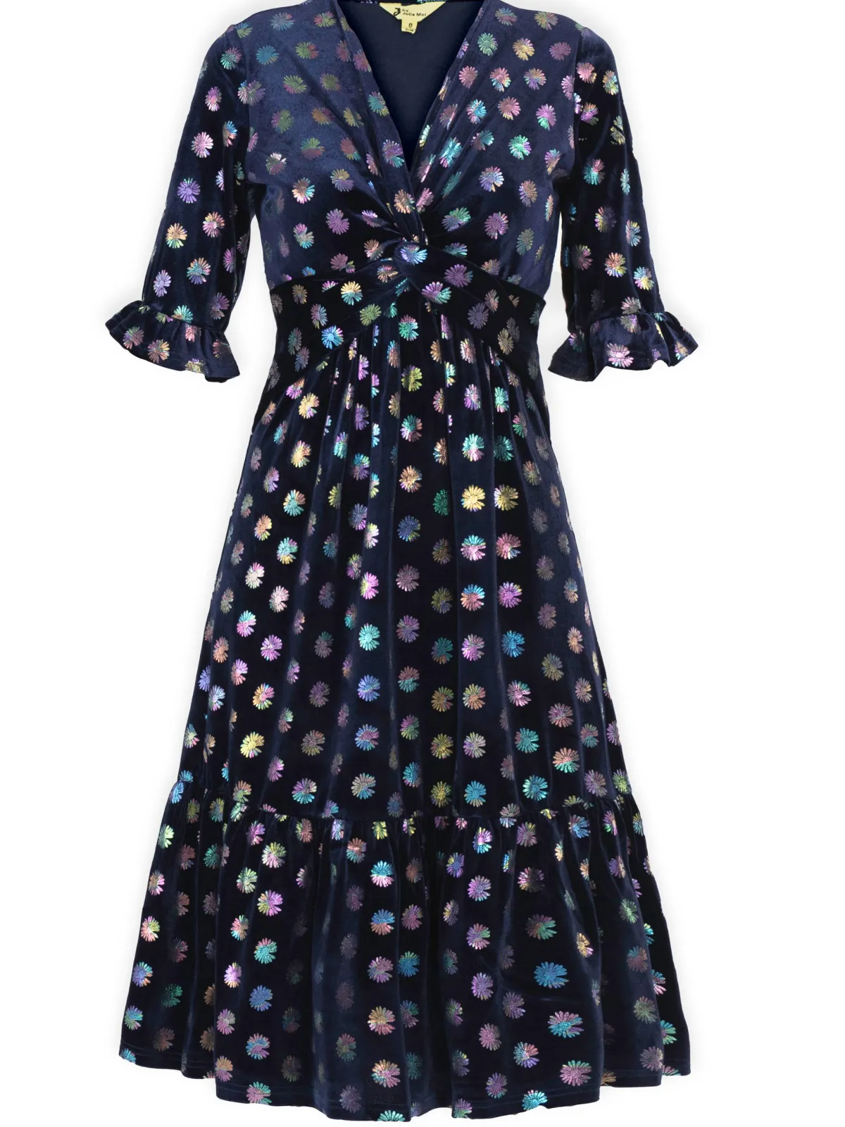 Jolie Moi Occasion Dresses|Velvet Dresses-Twist Front Metallic Spot Print Velvet Dress, Navy/Multi
