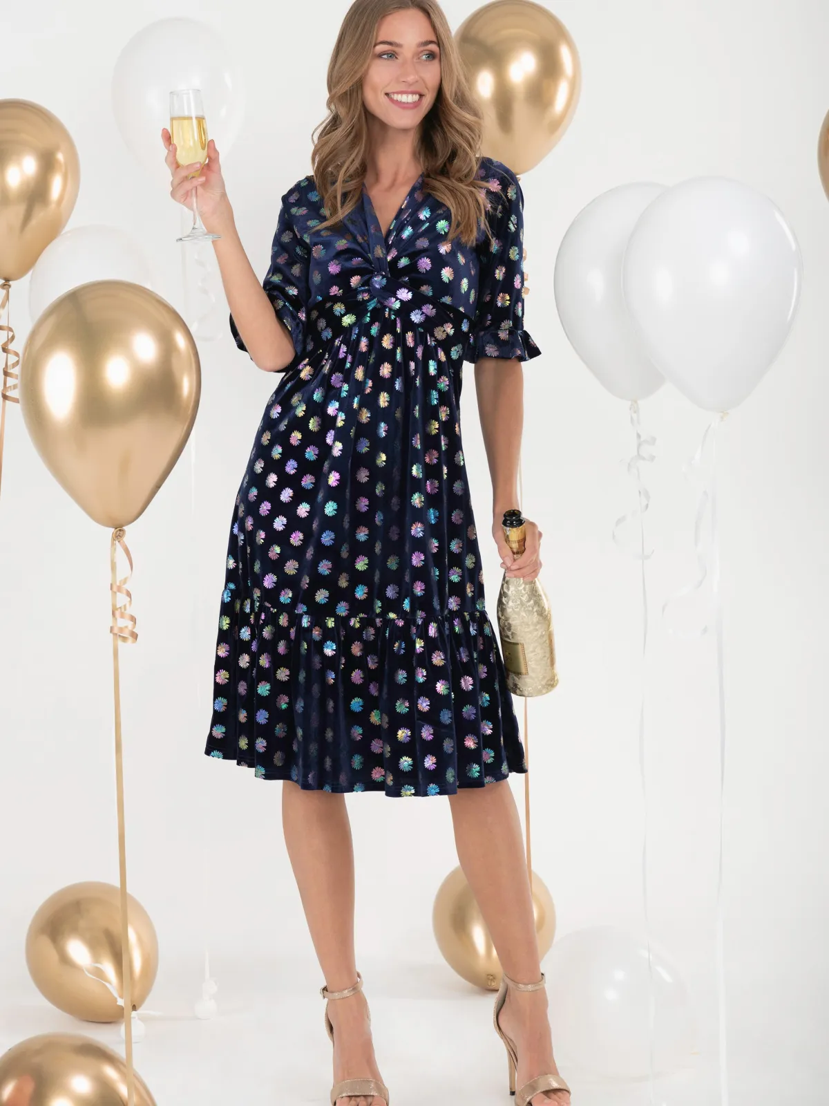 Jolie Moi Occasion Dresses|Velvet Dresses-Twist Front Metallic Spot Print Velvet Dress, Navy/Multi