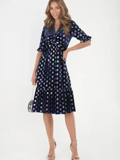 Jolie Moi Occasion Dresses|Velvet Dresses-Twist Front Metallic Spot Print Velvet Dress, Navy/Multi