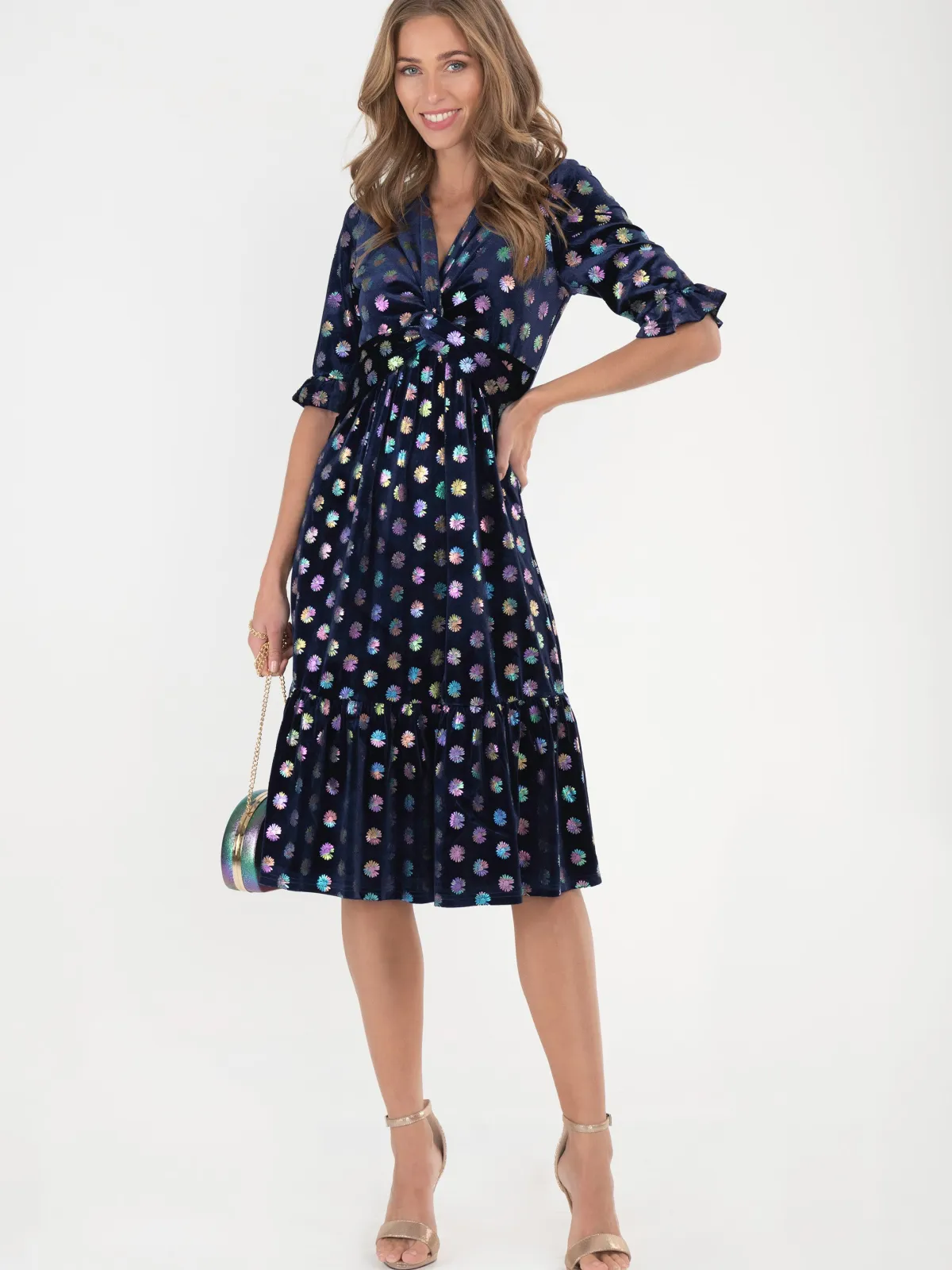 Jolie Moi Occasion Dresses|Velvet Dresses-Twist Front Metallic Spot Print Velvet Dress, Navy/Multi