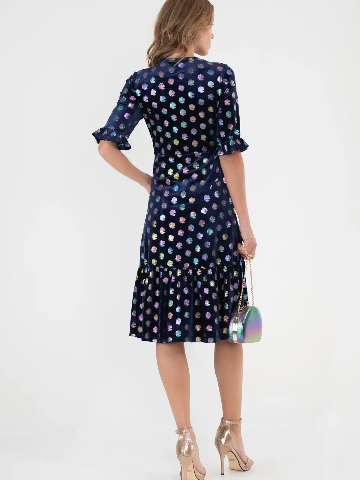 Jolie Moi Occasion Dresses|Velvet Dresses-Twist Front Metallic Spot Print Velvet Dress, Navy/Multi