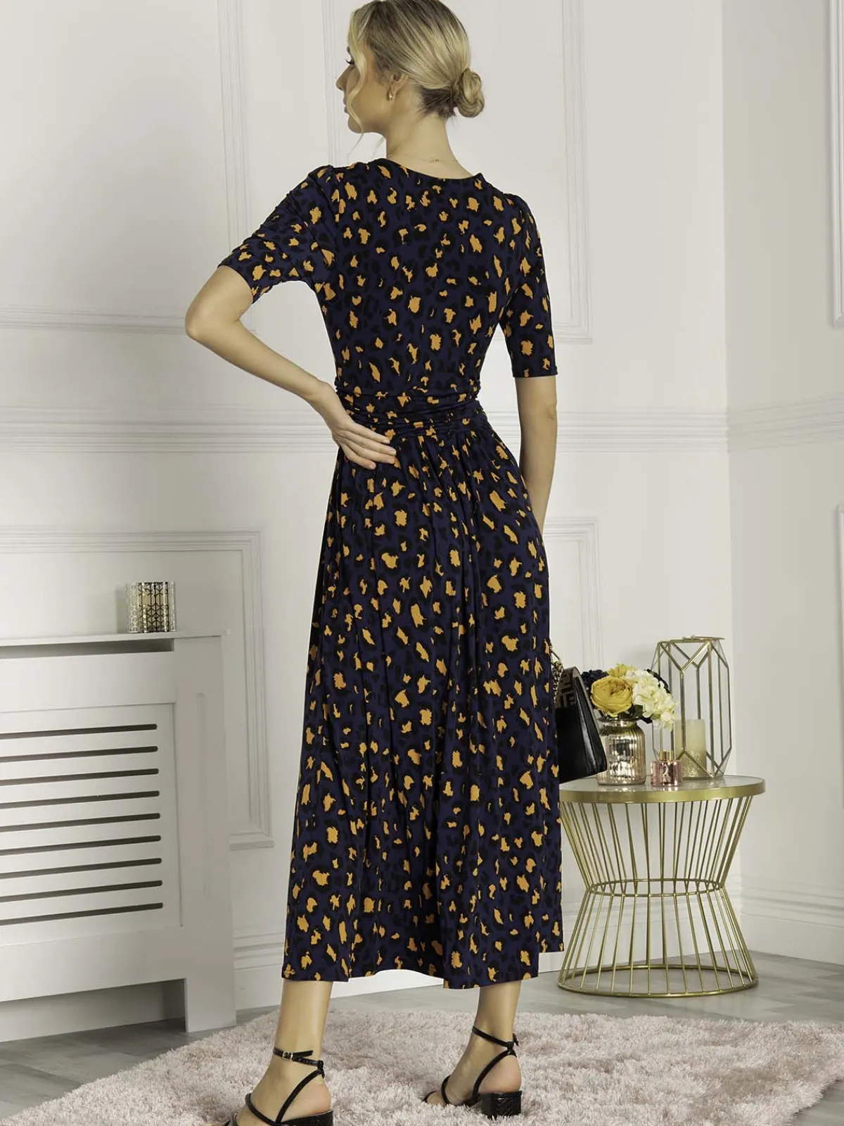 Jolie Moi Occasion Dresses|Jersey Dresses-Josie Animal Print Wrap Neck Maxi Dress, Navy Animal
