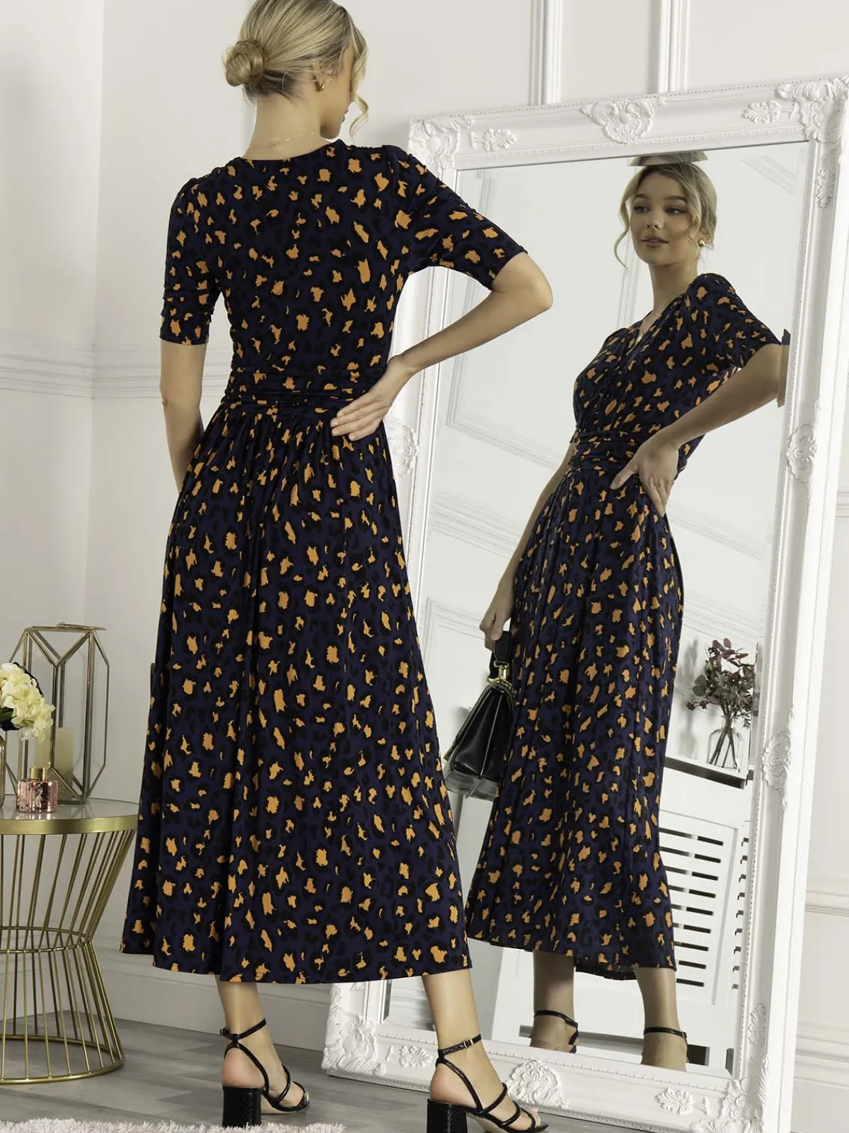 Jolie Moi Occasion Dresses|Jersey Dresses-Josie Animal Print Wrap Neck Maxi Dress, Navy Animal