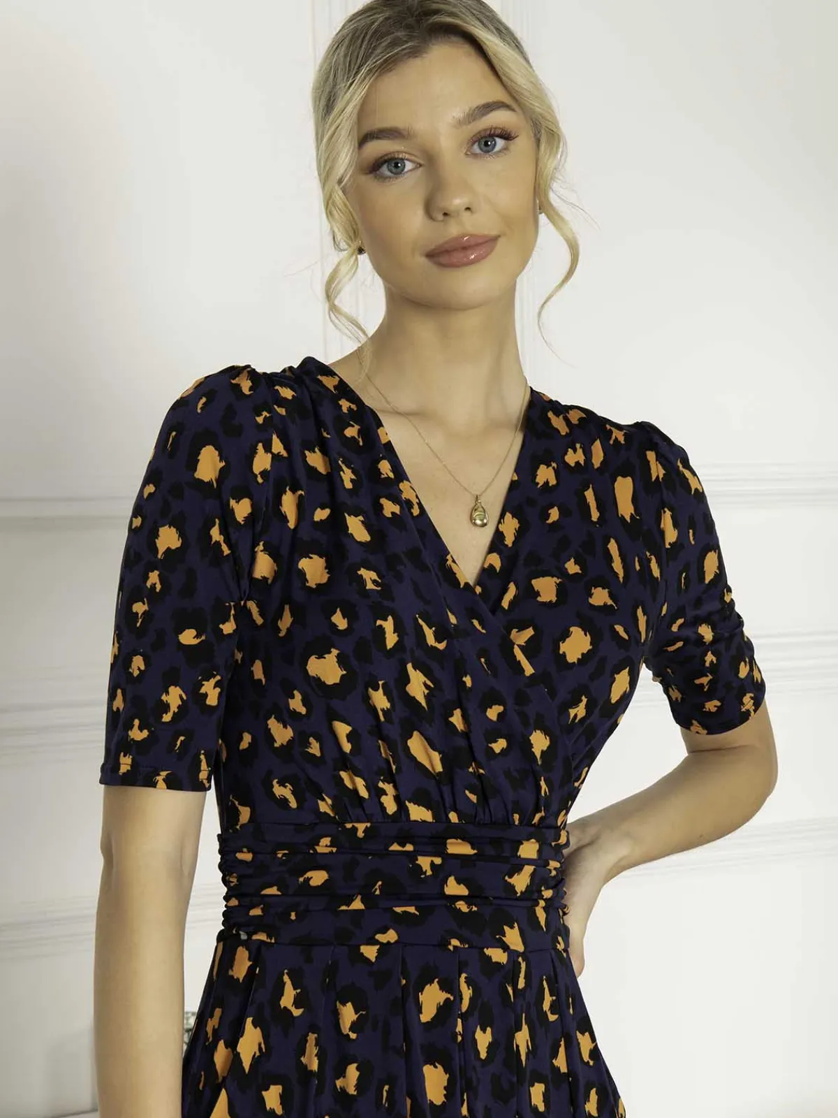 Jolie Moi Occasion Dresses|Jersey Dresses-Josie Animal Print Wrap Neck Maxi Dress, Navy Animal