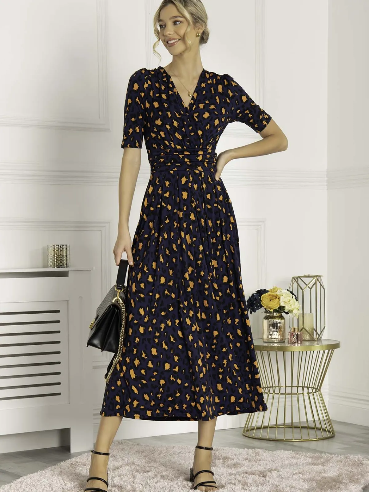Jolie Moi Occasion Dresses|Jersey Dresses-Josie Animal Print Wrap Neck Maxi Dress, Navy Animal