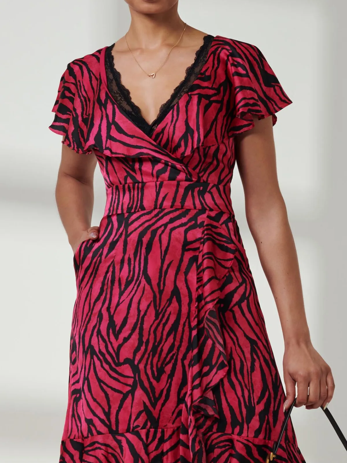 Jolie Moi Occasion Dresses|Animal Print Dresses-Julissa Satin Flare Hem Dress, Magenta Animal