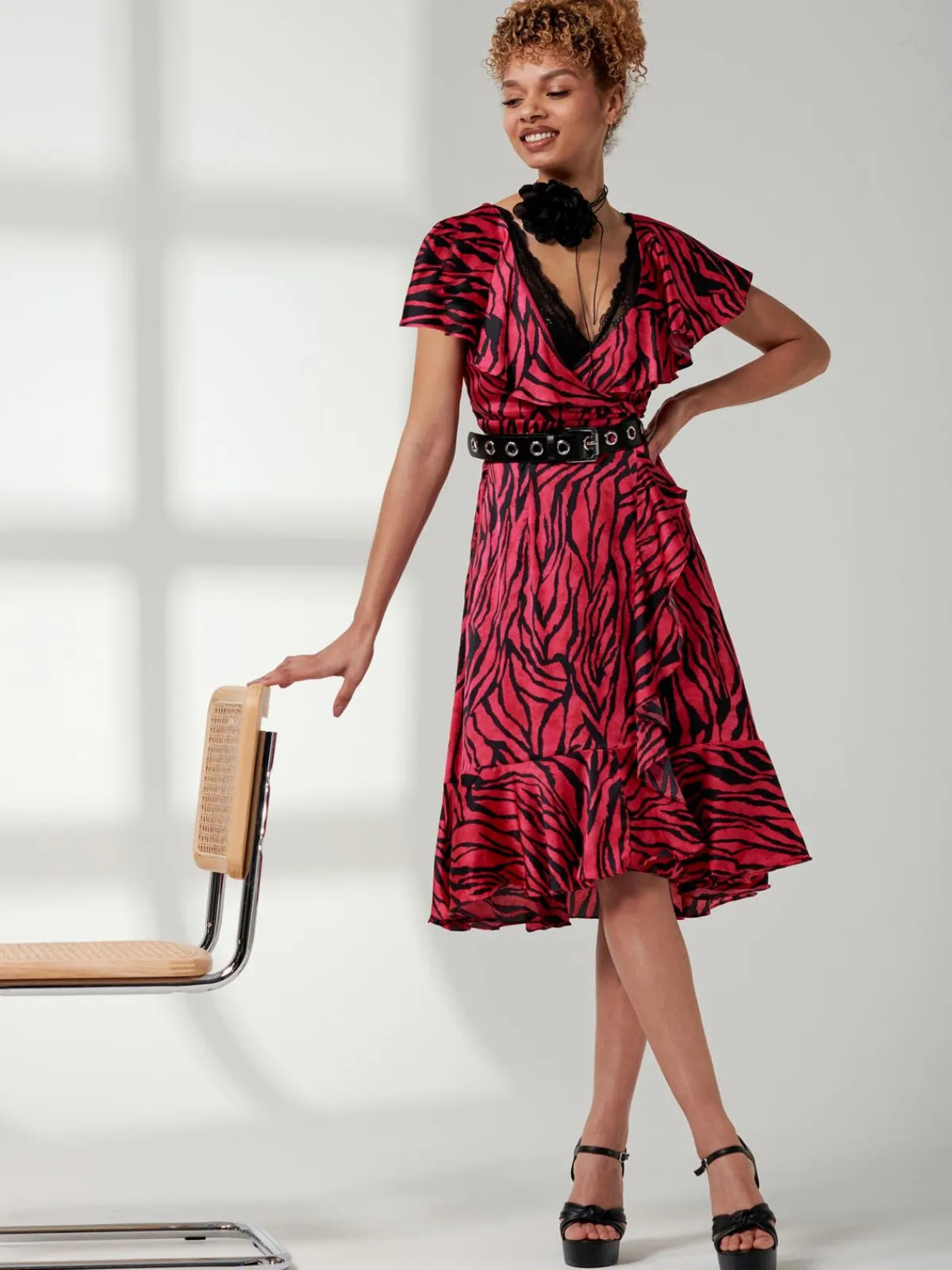 Jolie Moi Occasion Dresses|Animal Print Dresses-Julissa Satin Flare Hem Dress, Magenta Animal