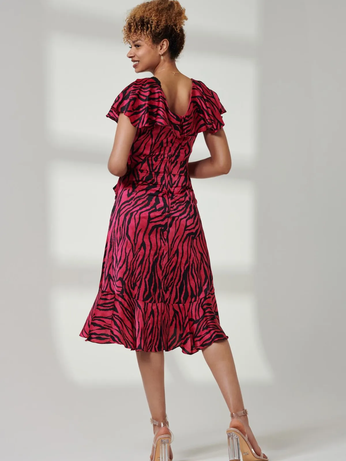 Jolie Moi Occasion Dresses|Animal Print Dresses-Julissa Satin Flare Hem Dress, Magenta Animal