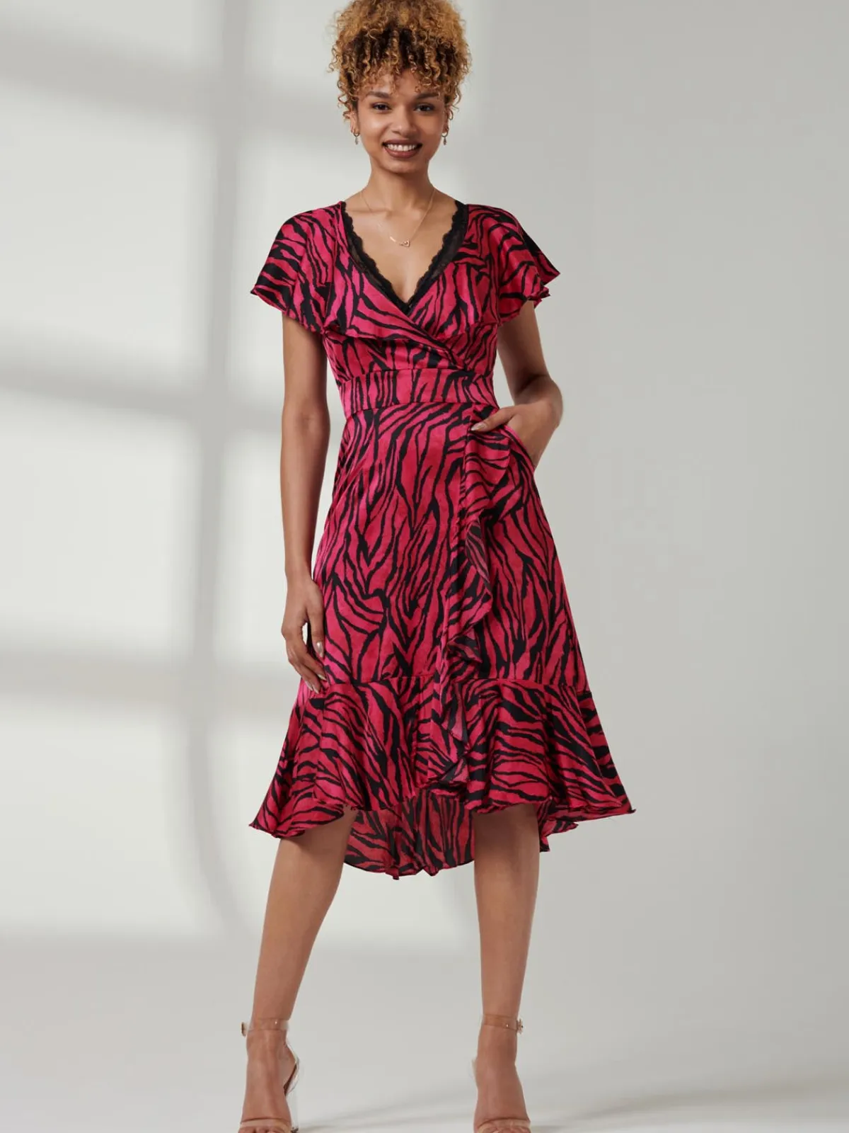 Jolie Moi Occasion Dresses|Animal Print Dresses-Julissa Satin Flare Hem Dress, Magenta Animal