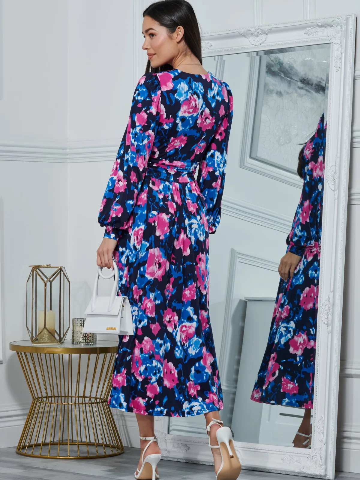 Jolie Moi Occasion Dresses|Floral Dresses-Kamille Floral Long Sleeve Dress, Navy Floral