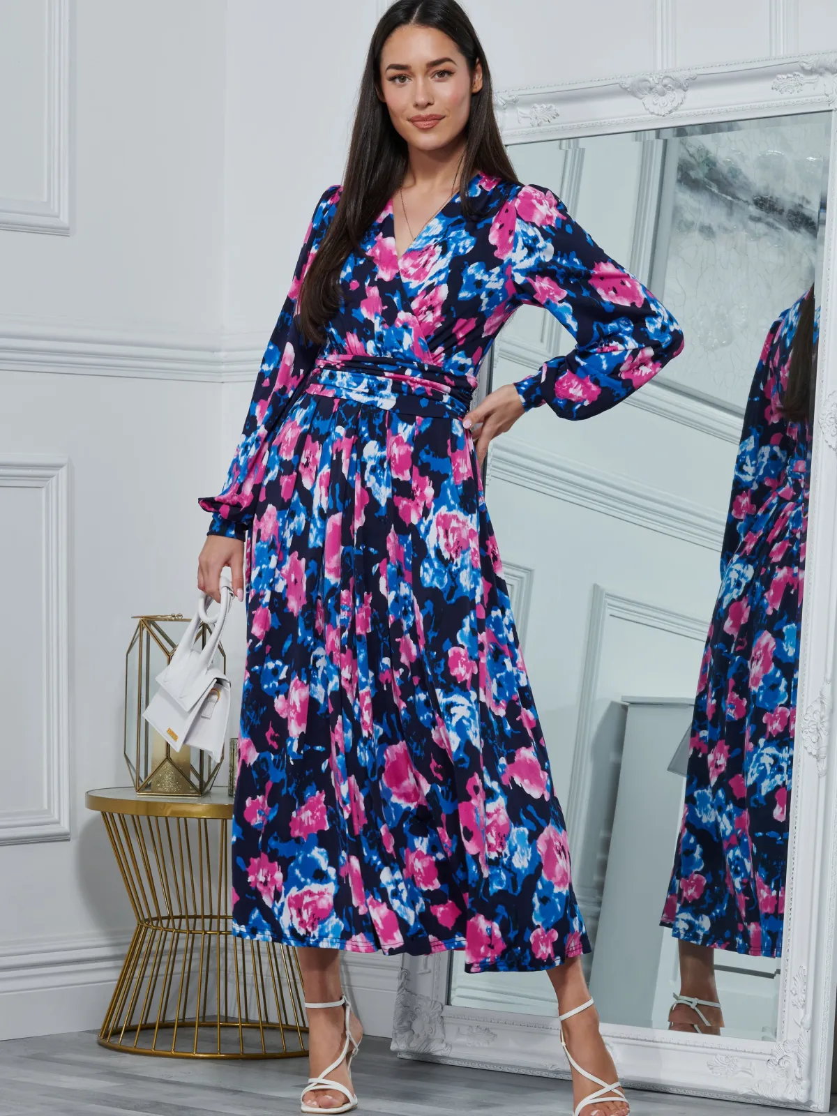 Jolie Moi Occasion Dresses|Floral Dresses-Kamille Floral Long Sleeve Dress, Navy Floral