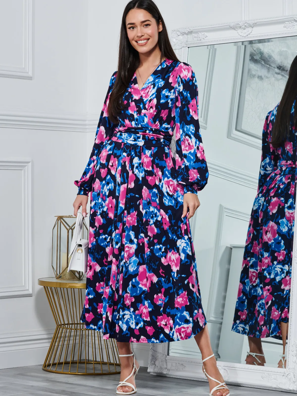Jolie Moi Occasion Dresses|Floral Dresses-Kamille Floral Long Sleeve Dress, Navy Floral