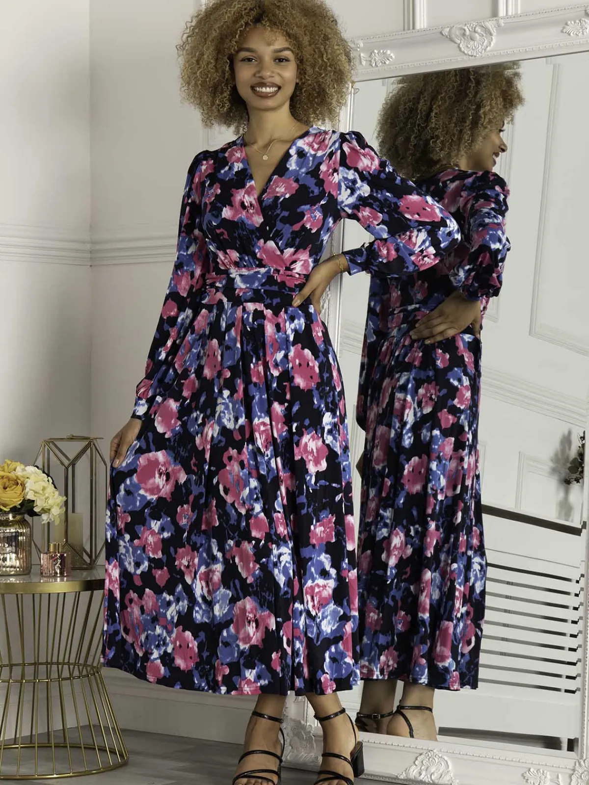 Jolie Moi Occasion Dresses|Floral Dresses-Kamille Floral Long Sleeve Dress, Navy Floral