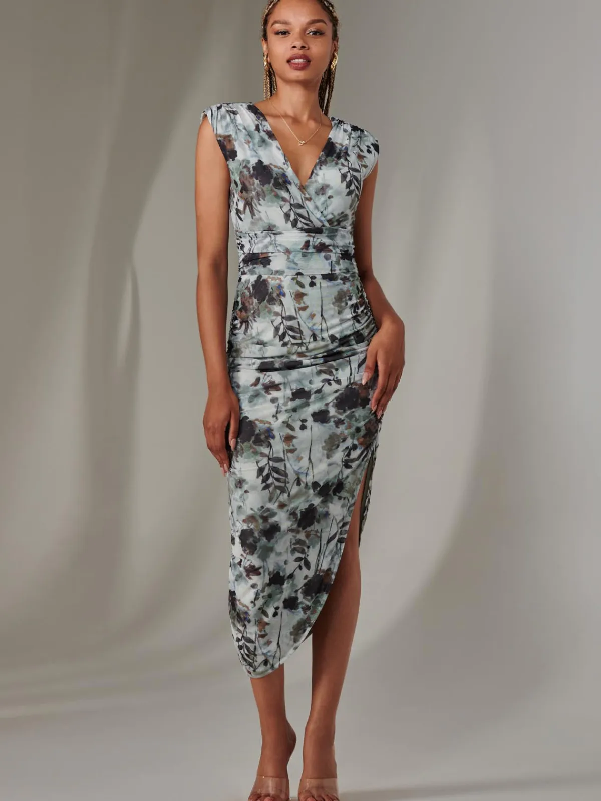 Jolie Moi Occasion Dresses|Sleeveless Dresses-Katrina Sleeveless Ruched Bodycon Dress, Grey Abstract