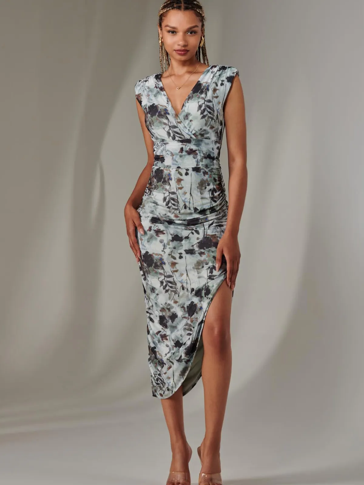 Jolie Moi Occasion Dresses|Sleeveless Dresses-Katrina Sleeveless Ruched Bodycon Dress, Grey Abstract