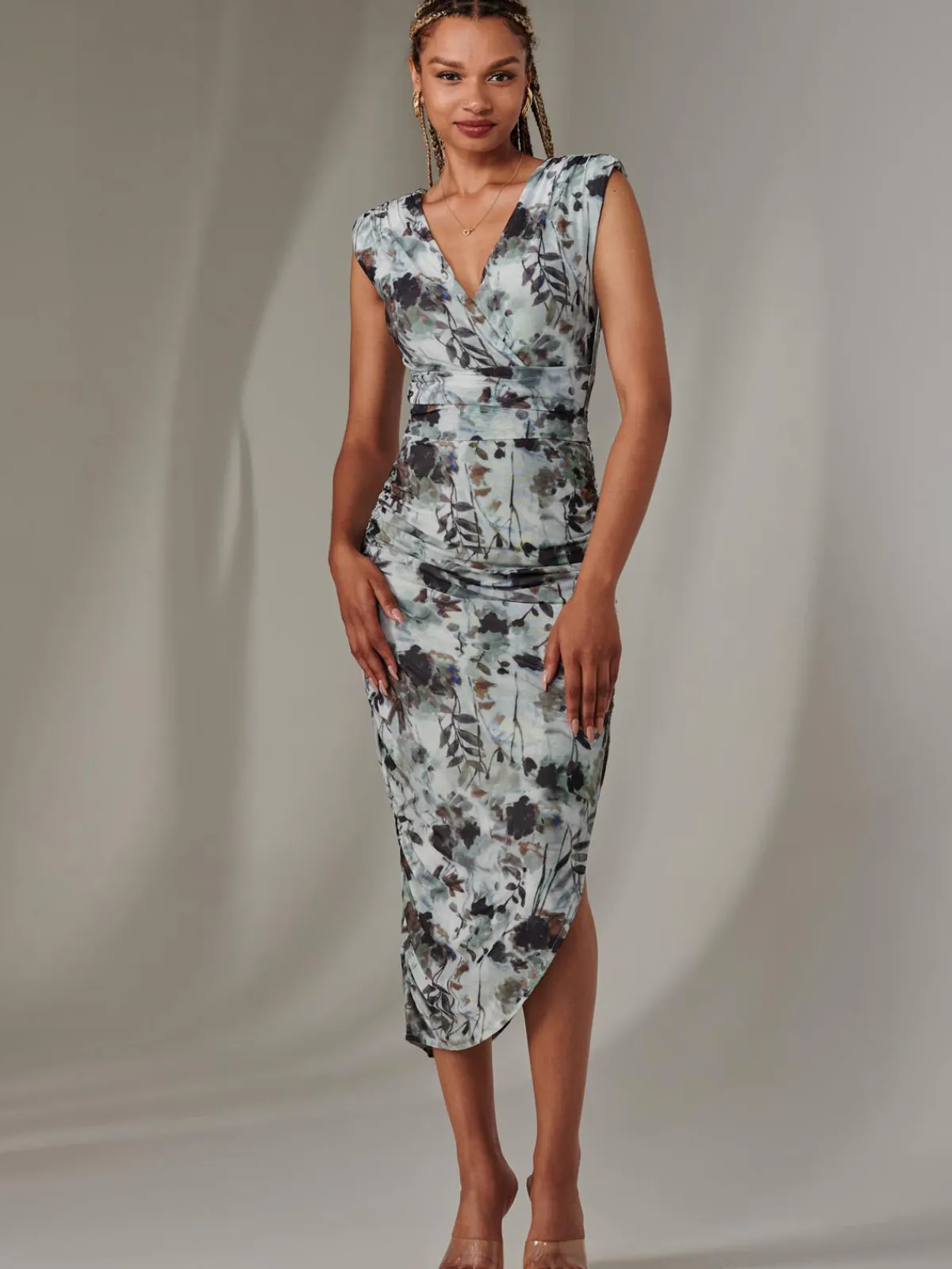 Jolie Moi Occasion Dresses|Sleeveless Dresses-Katrina Sleeveless Ruched Bodycon Dress, Grey Abstract