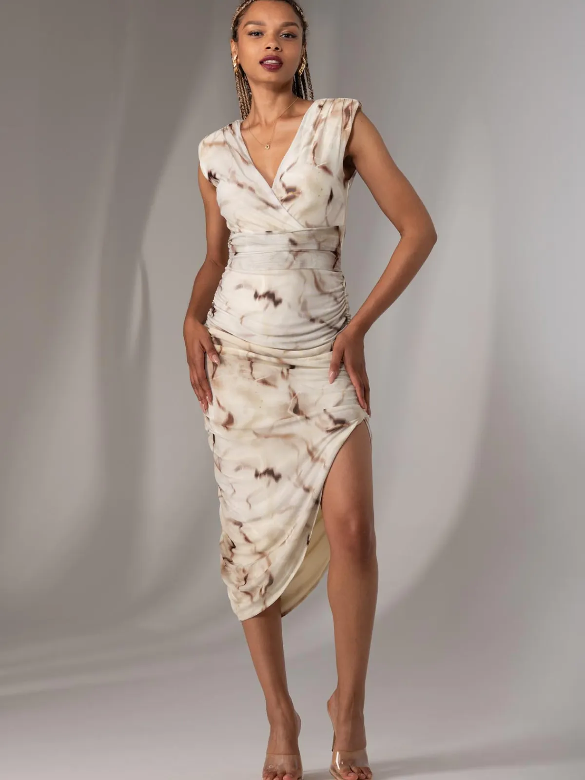 Jolie Moi Occasion Dresses|Sleeveless Dresses-Katrina Sleeveless Ruched Bodycon Dress, Khaki Abstract