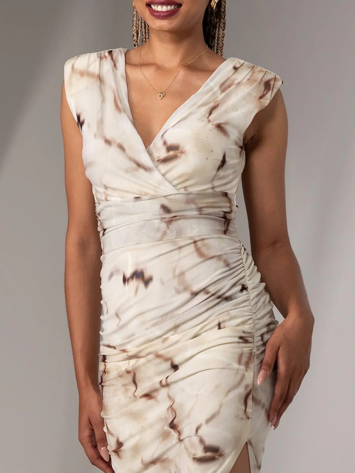 Jolie Moi Occasion Dresses|Sleeveless Dresses-Katrina Sleeveless Ruched Bodycon Dress, Khaki Abstract