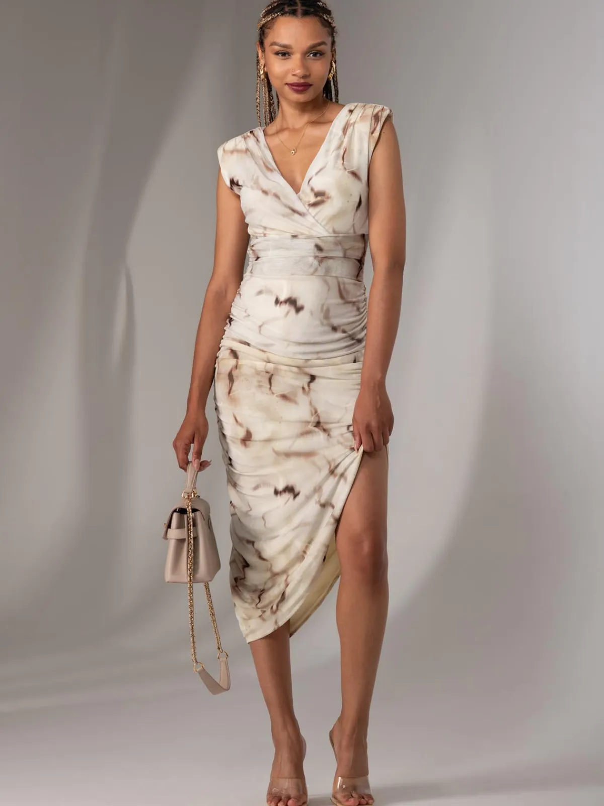 Jolie Moi Occasion Dresses|Sleeveless Dresses-Katrina Sleeveless Ruched Bodycon Dress, Khaki Abstract