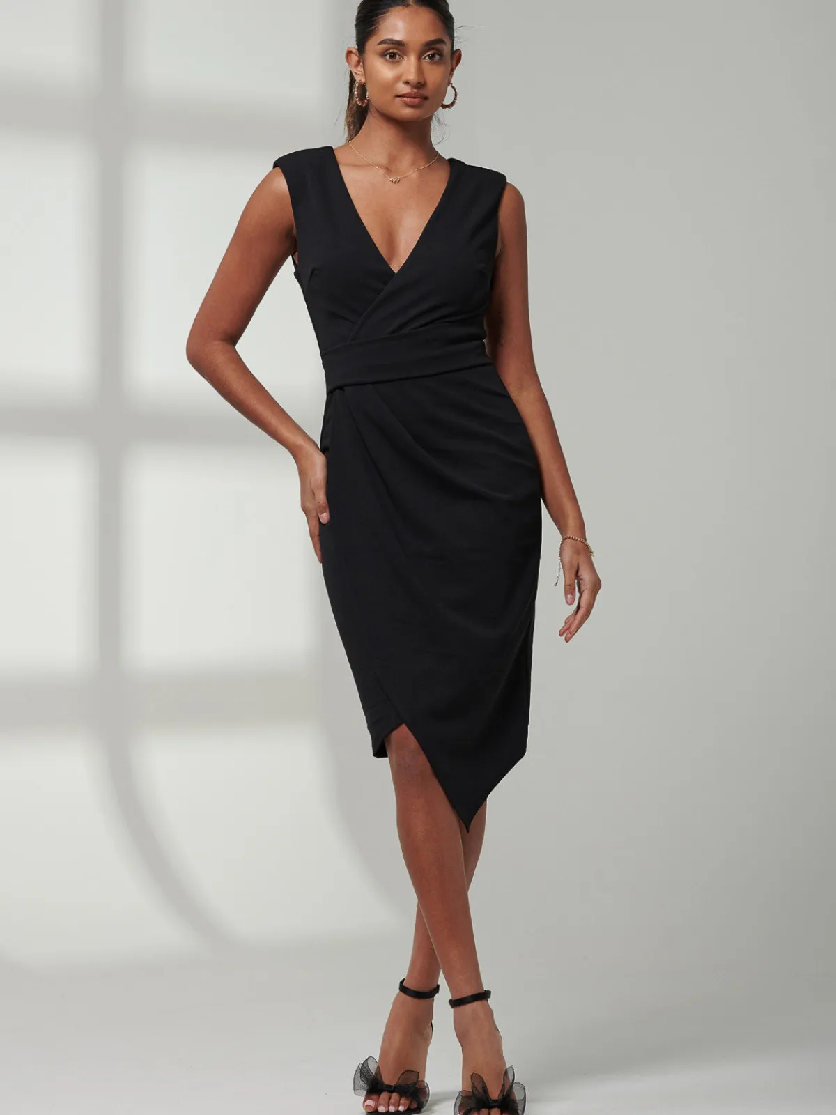Jolie Moi Occasion Dresses|Little Black Dresses-Kiana Wrap Ruched Bodycon Dress, Black