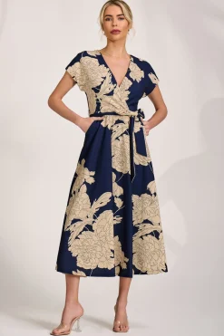 Jolie Moi Occasion Dresses|Floral Dresses-Kimono Sleeve Print Scuba Midaxi Dress, Navy Floral