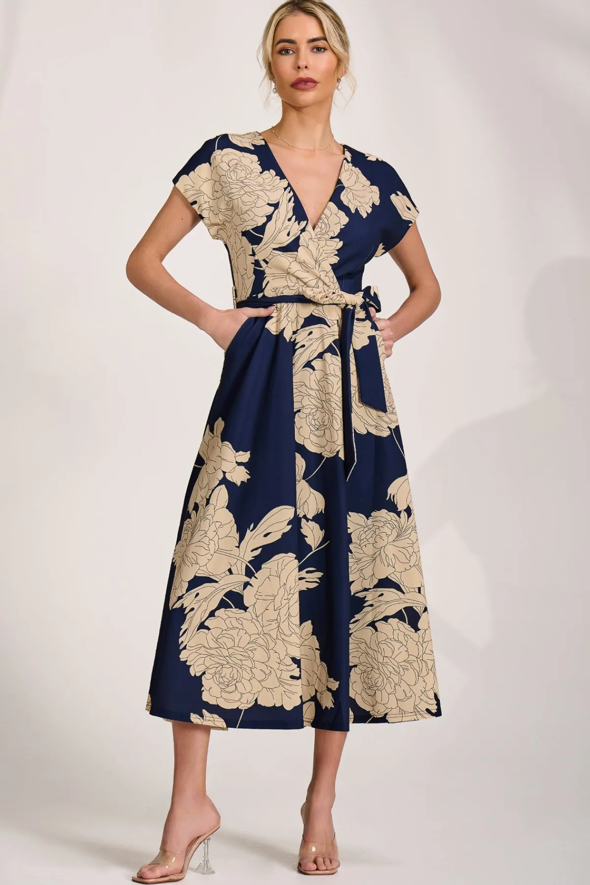 Jolie Moi Occasion Dresses|Floral Dresses-Kimono Sleeve Print Scuba Midaxi Dress, Navy Floral