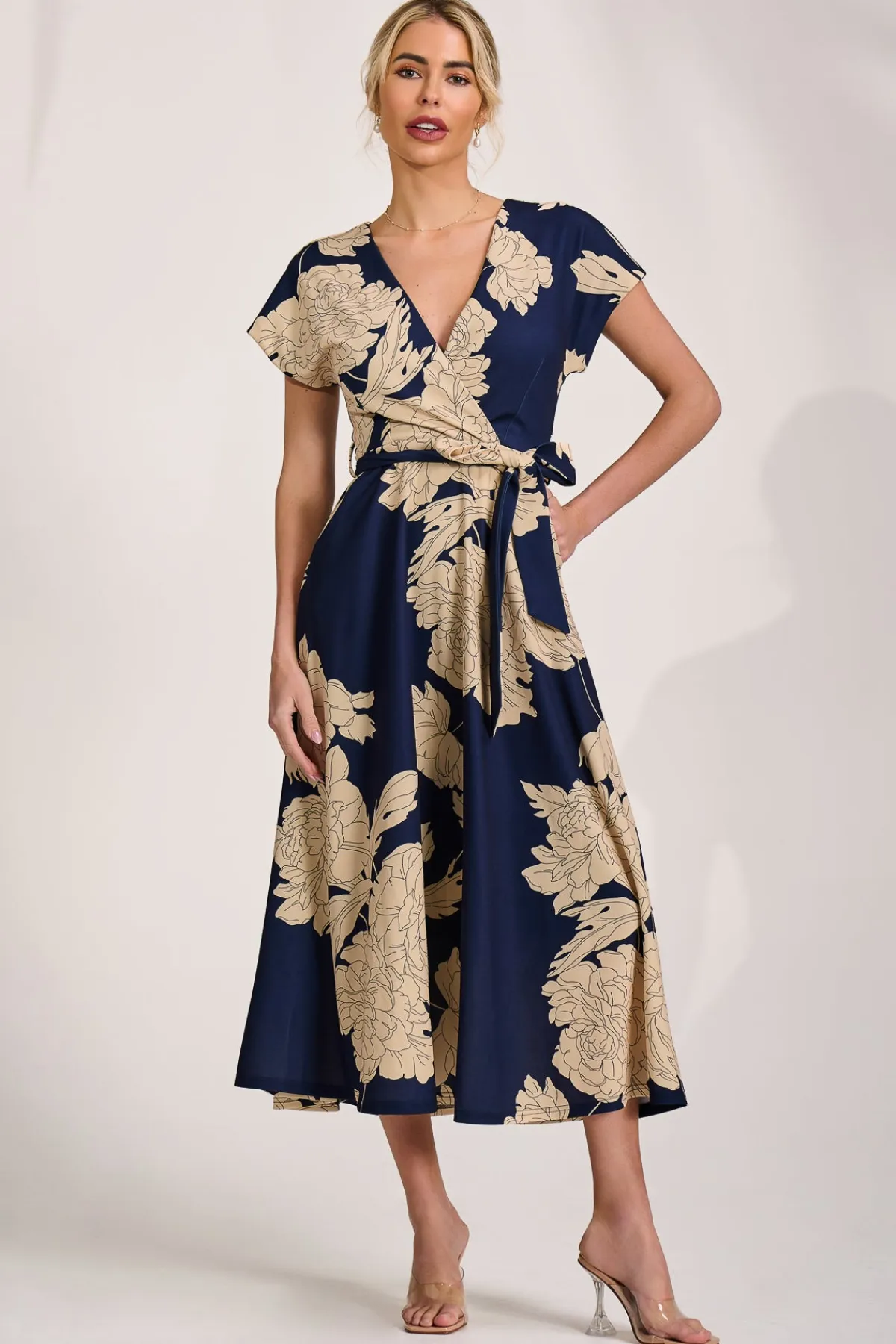 Jolie Moi Occasion Dresses|Floral Dresses-Kimono Sleeve Print Scuba Midaxi Dress, Navy Floral
