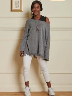 Jolie Moi Co-Ords|Knitted Jumpers-Knitted Fringe Detail Jumper, Grey