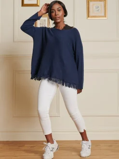 Jolie Moi Co-Ords-Knitted Fringe Detail Jumper, Navy