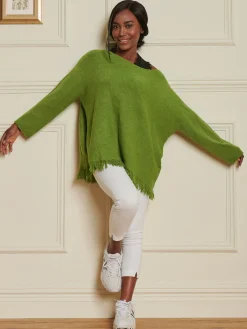 Jolie Moi Co-Ords|Knitted Jumpers-Knitted Fringe Detail Jumper, Olive Green