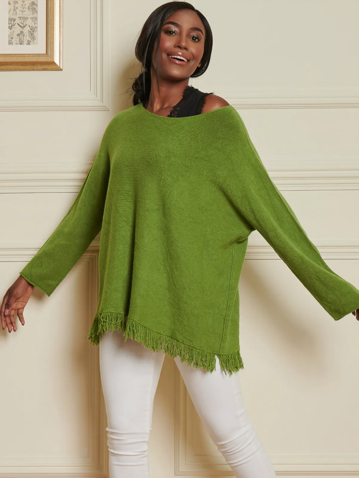 Jolie Moi Co-Ords|Knitted Jumpers-Knitted Fringe Detail Jumper, Olive Green