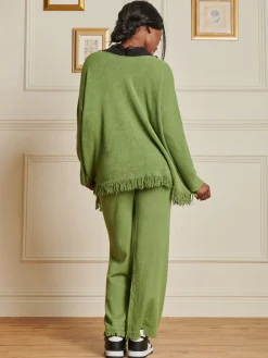 Jolie Moi Co-Ords|Knitted Jumpers-Knitted Fringe Detail Jumper, Olive Green