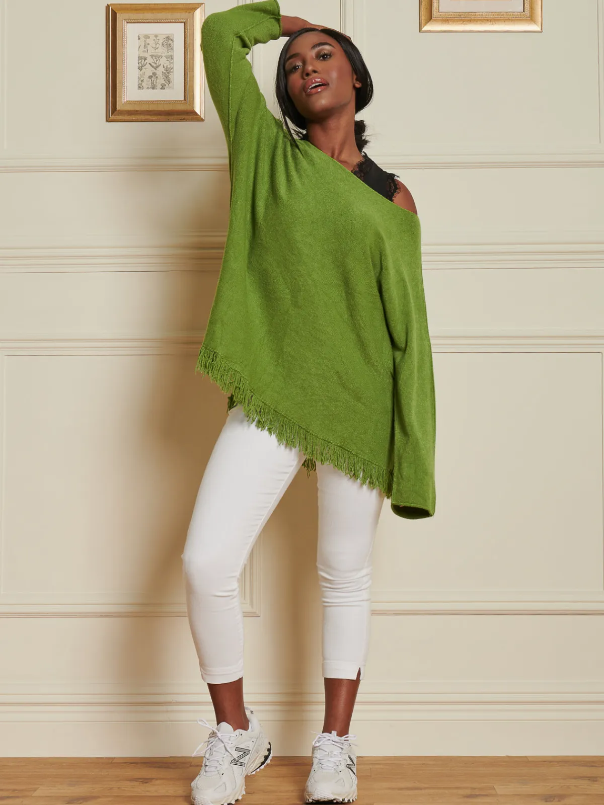 Jolie Moi Co-Ords|Knitted Jumpers-Knitted Fringe Detail Jumper, Olive Green