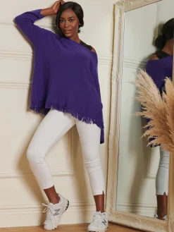 Jolie Moi Co-Ords-Knitted Fringe Detail Jumper, Purple